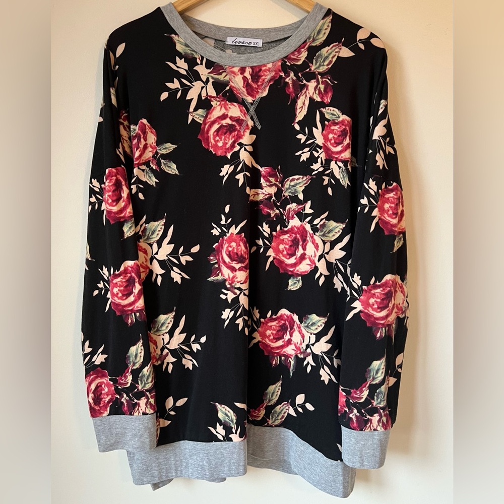 Levaca Soft Knit Tunic Shirt Black & Gray Floral Rose Print Size XXL